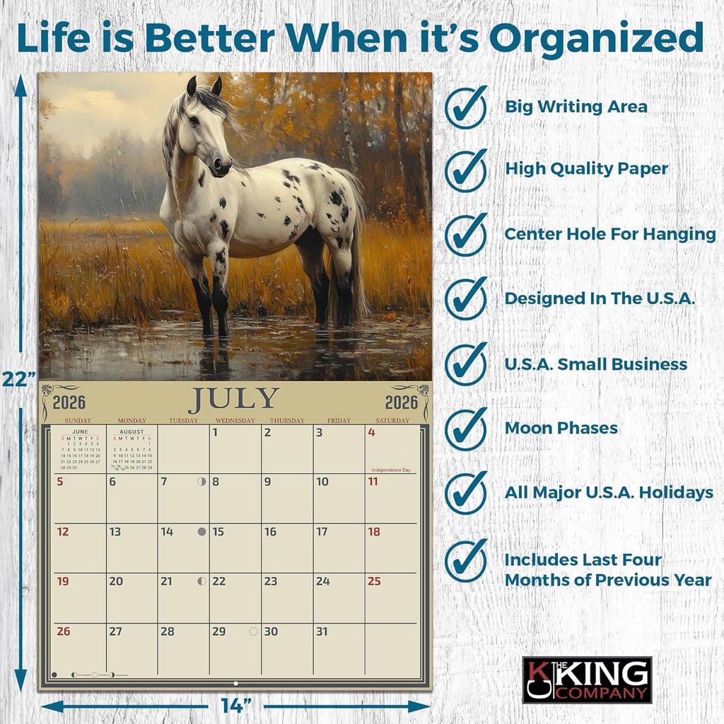 2026 Horses Illustrated Wall Calendar 16-Month X-Large Size 14x22, Horse Calendar by The KING Company-Monster Calendars