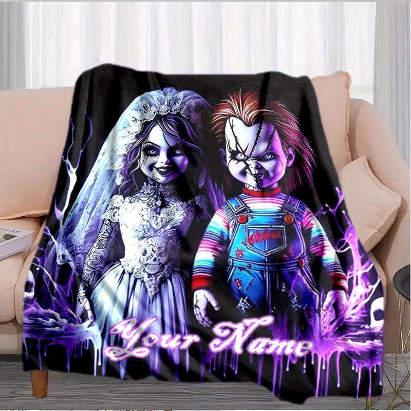 1PC Custom Name Horror Dolls Halloween flannel blanket versatile, all-season throw suitable for the living room, bedroom, camping, travel, and gift