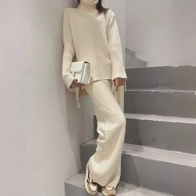 2023 Herbst/Winter Europäischer Strick-Rollkragenpullover & Weitbeinige Hose Damen Modischer Zweiteiler