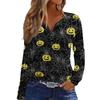 Women's Fashion Casual Halloween Printed V-Neck Button Trim Long Sleeve T-Shirt Top
