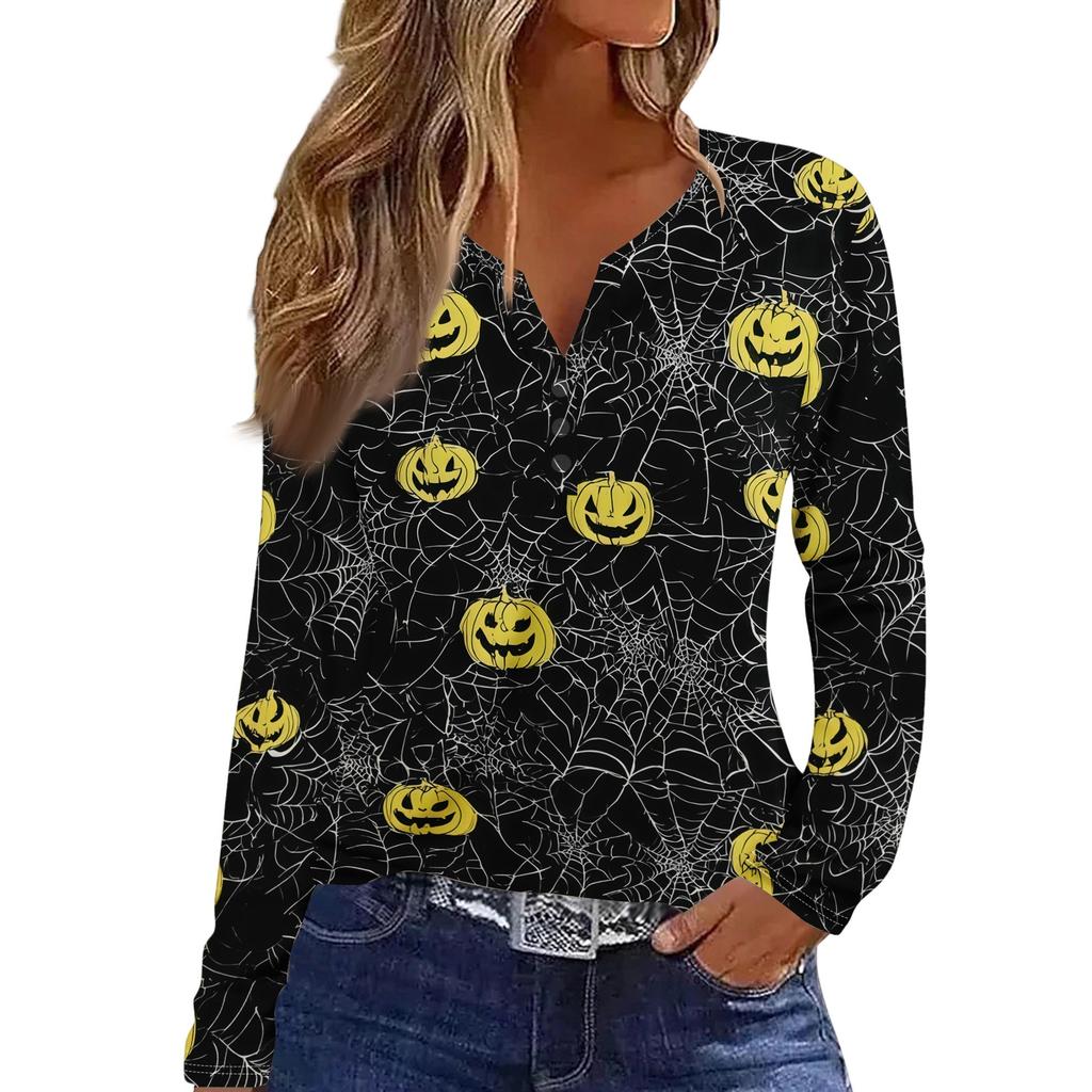 Women's Fashion Casual Halloween Printed V-Neck Button Trim Long Sleeve T-Shirt Top