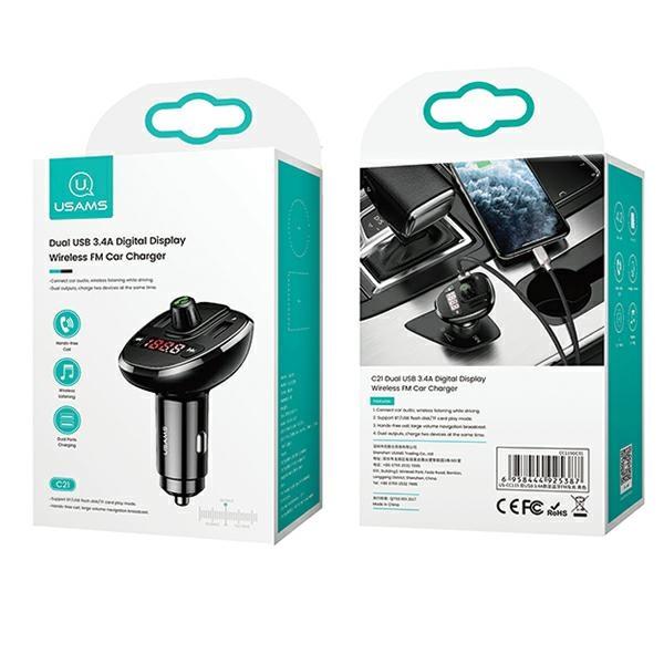 USAMS C21 hands-free kit with FM transmitter, Bluetooth 5.0, MP3, 2xUSB 3.4A black/black CC115GC01 (US-CC115)