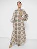 Middle Eastern Bell Sleeve Dress with Gold Embroidery and Floral Ink Wash