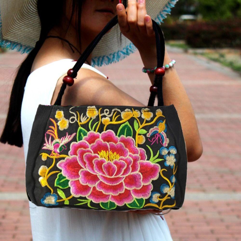 Leaf Ethnic Style Tote Bag Bird Rose Flower Shoulder Bag Elegant Embroidery Flower Handbag  Travel