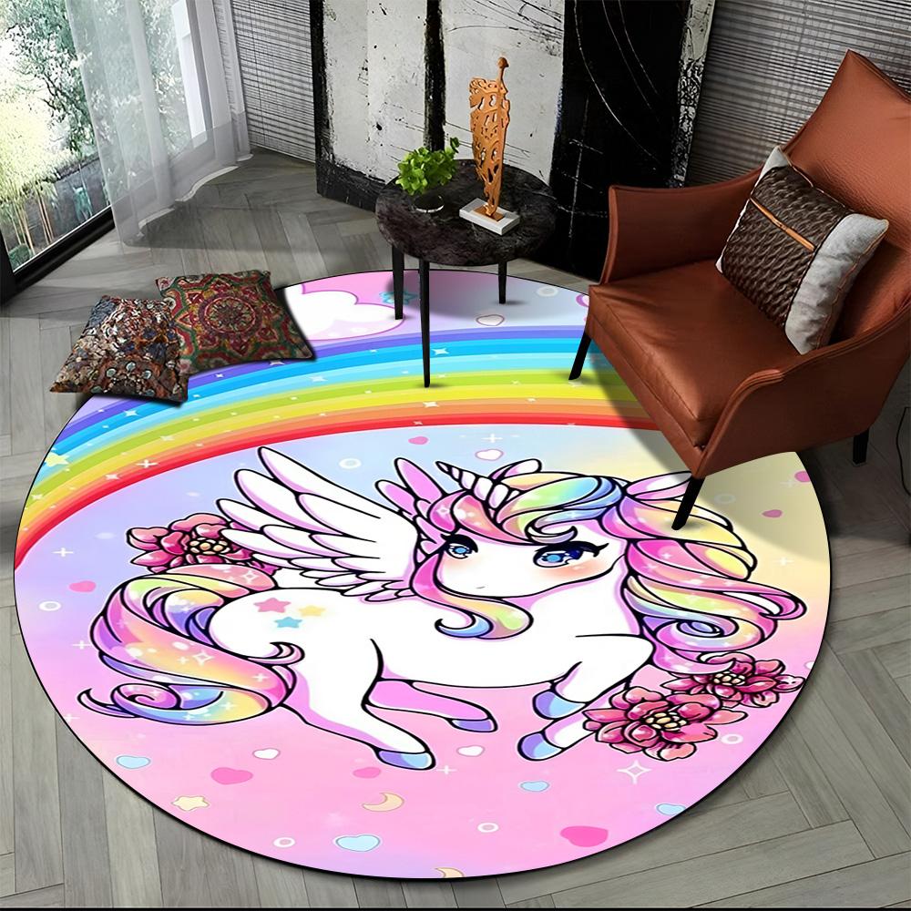 Unicorn Cartoon Animal Round Carpet Rug for Living Room Children's Bedroom Sofa Decor,Kid Paly Game Area Rug Non-slip Floor Mat