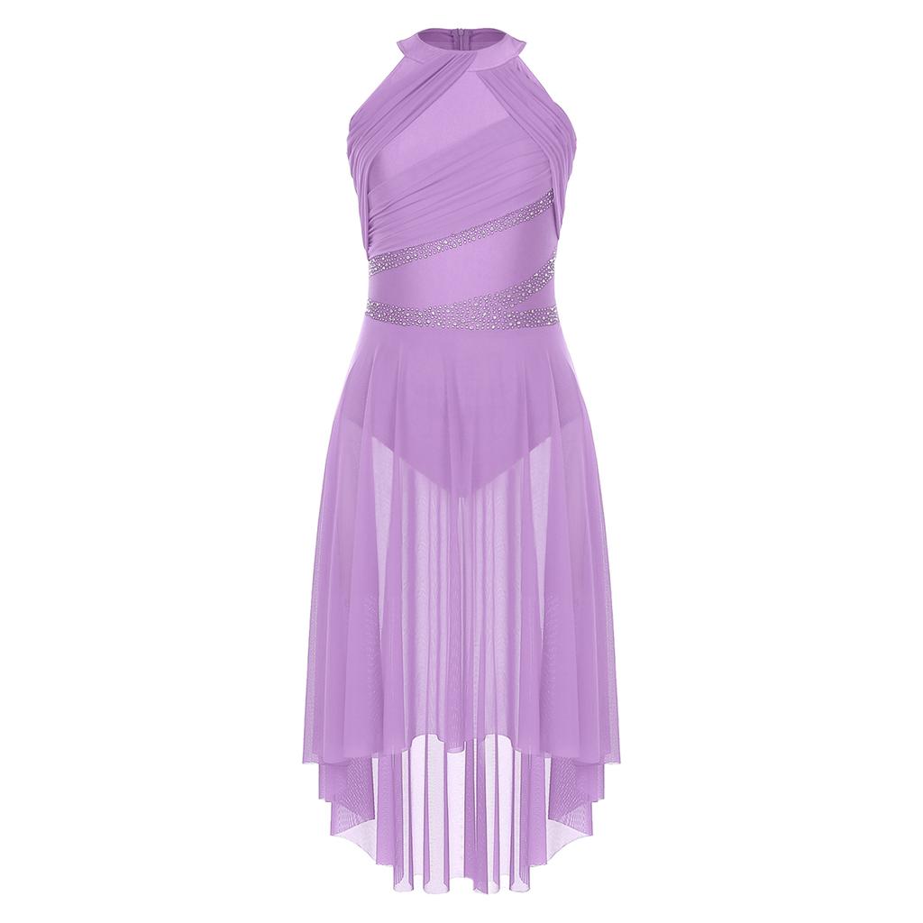 Womens Lyrical Dance Dress Sleeveless Asymmetrical Hem Sparkling Rhinestones Ruched Design Performance Gown