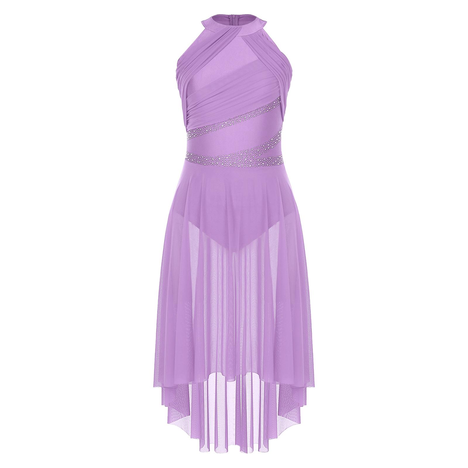 Abito da Danza Lirica da Donna Scintillante con Strass Senza Maniche Ruched Orlo Asimmetrico XXL