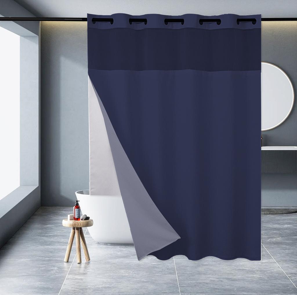 No Hook Shower Curtain with Snap In Liner, 230GSM Waffle Weave Shower Curtains for Bathroom, Hotel Grade,Spa Like Bath Curtain