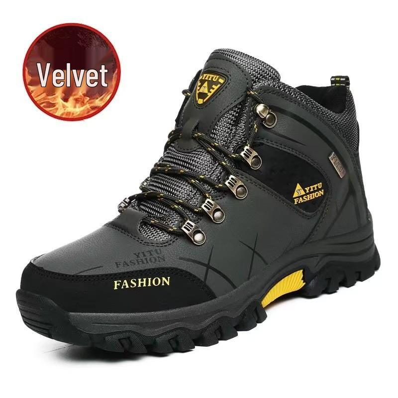 Men's Waterproof Winter Hiking Boots with Fleece Lining, Non-Slip, Wear-Resistant, Durable Outdoor Shoes for Construction and Labor Protection.