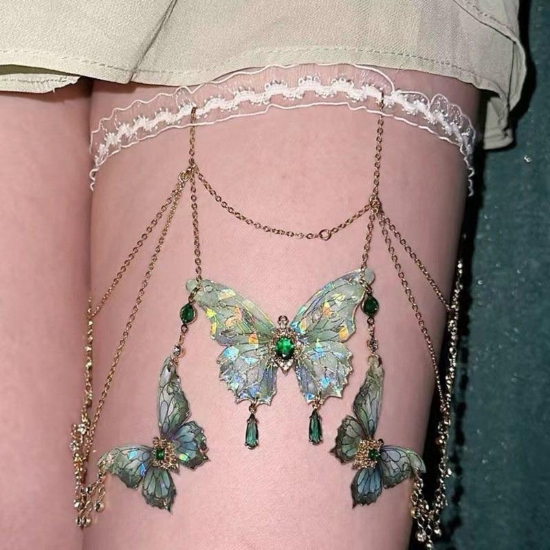 Butterfly Tassels Thigh Chain Adjustable Length Lace Leg Chain with Fringes Accent Unique Body Jewelry for Women Girls