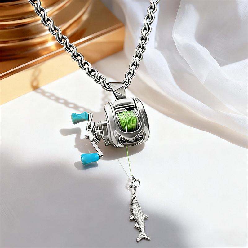 Collana Bobina da Pesca Mini Bobina Rotante Collana Gioielli da Pescatore Ciondolo Punk Catena per Maglione GZW