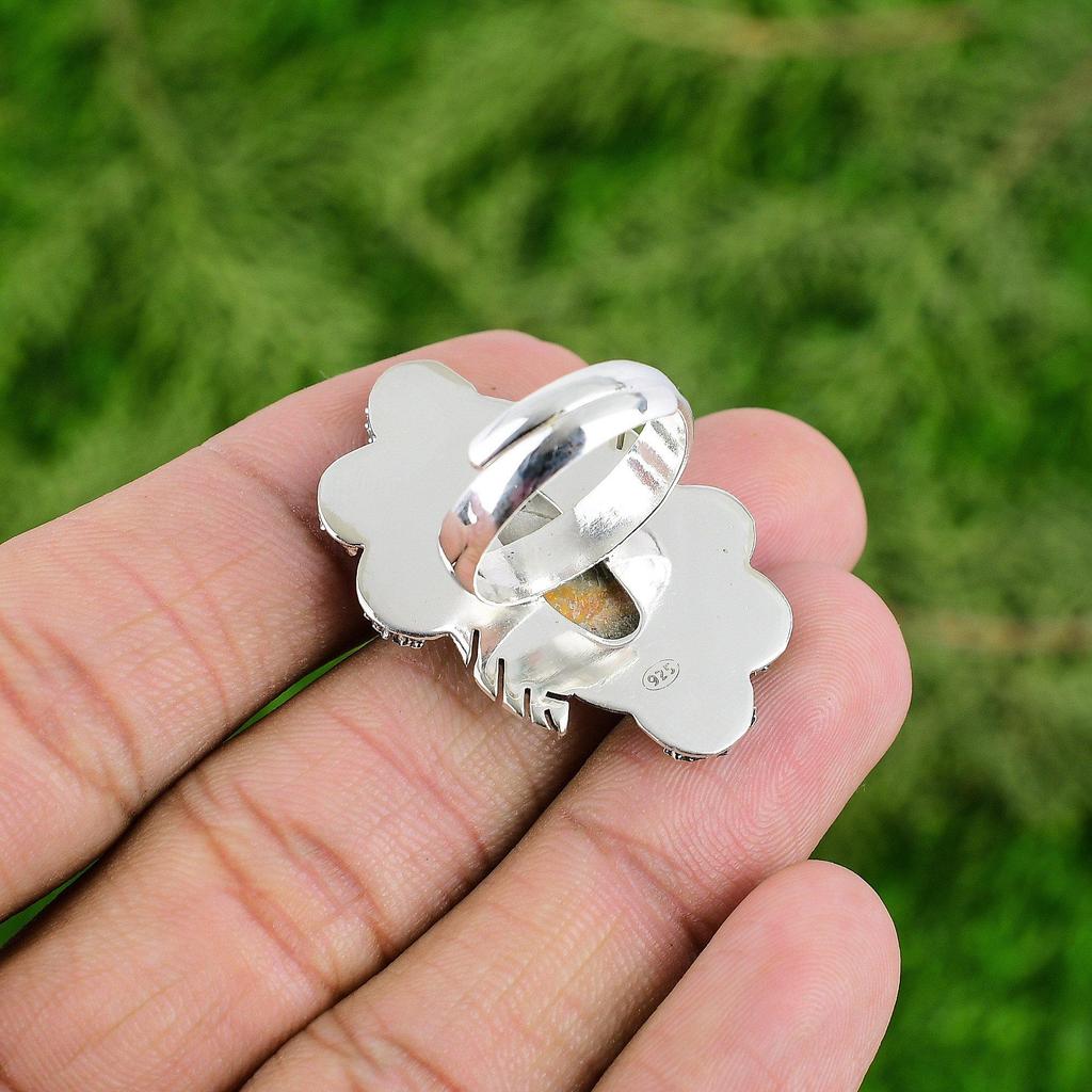 Natural Bumble Bee Jasper Flower Adjustable Ring 925 Silver For Girls
