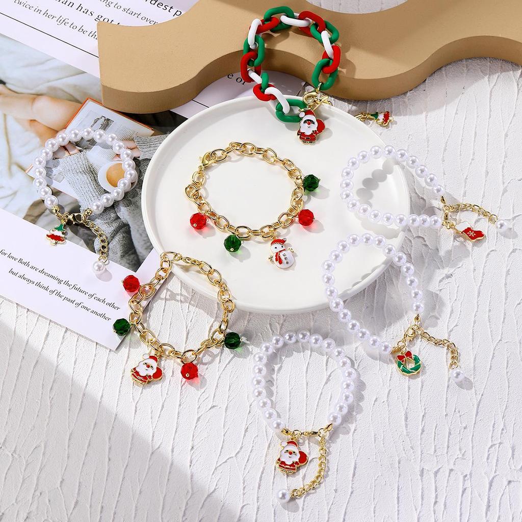 Trendy Santa Claus Crystal Pendant & Pearl Bracelet in Red, Green, White - Christmas Jewelry for Europe & America