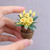 Dollhouse Bonsai 1:12 Scale Miniature Hand-Kneaded Yellow Floral Arrangement with Lifelike Petals Leaf Veins Simulated Woven Flower Utensils