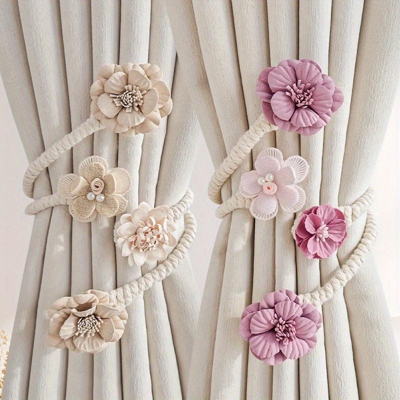 2pcs Elegant 3D Floral Curtain Tieback - Pink Polyester Flower Design with Pearl Accents, Rope-Like Texture for Bedroom & Living Room Home Decor