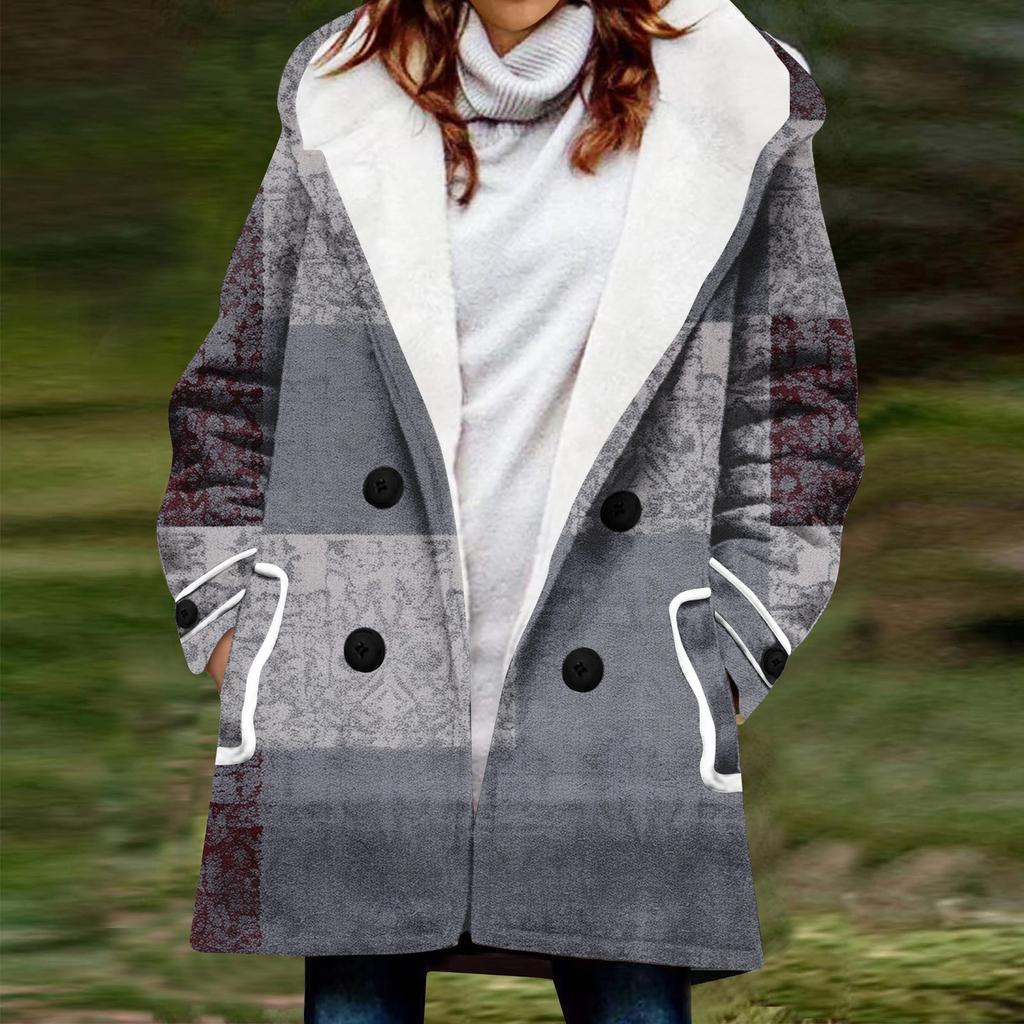 Dámský zimní kabát Teplá střapatá bunda s kapucí a knoflíkem