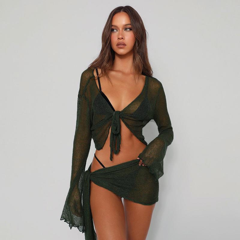 Ensemble crop top à manches longues à lacets en dentelle résille et jupe courte - Mode d'été européenne et américaine pour femmes