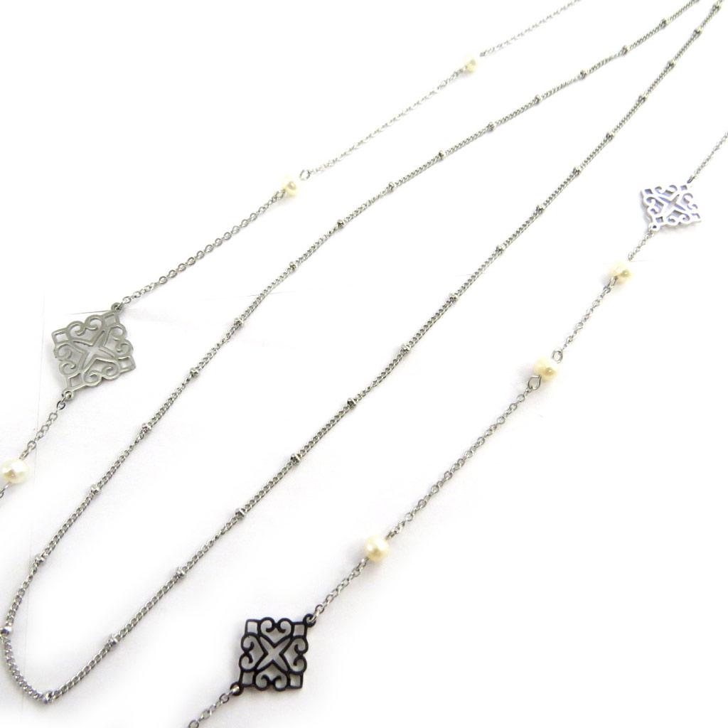 Les Trésors De Lily [M8831] - Collier sautoir acier 'Carmen' ivoire argenté - 90 cm (2 rangs)