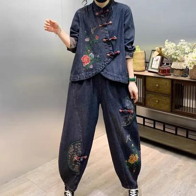 Ethnic Style Retro Disc Buckle Loose Large Size Embroidered Denim Western Style Suit Covering Meat and Slimming All-match Women's Two-piece Suit