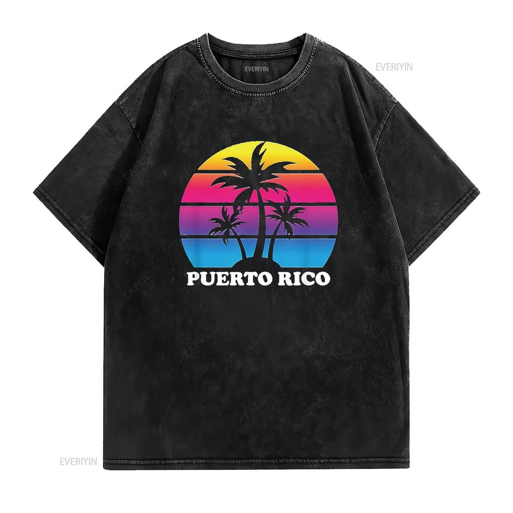 Mens Puerto Rico Retro Palm Tree Sunset Vacation Beach Trip T Shirt Black vintage Washed Comfortable Casual designer clothes