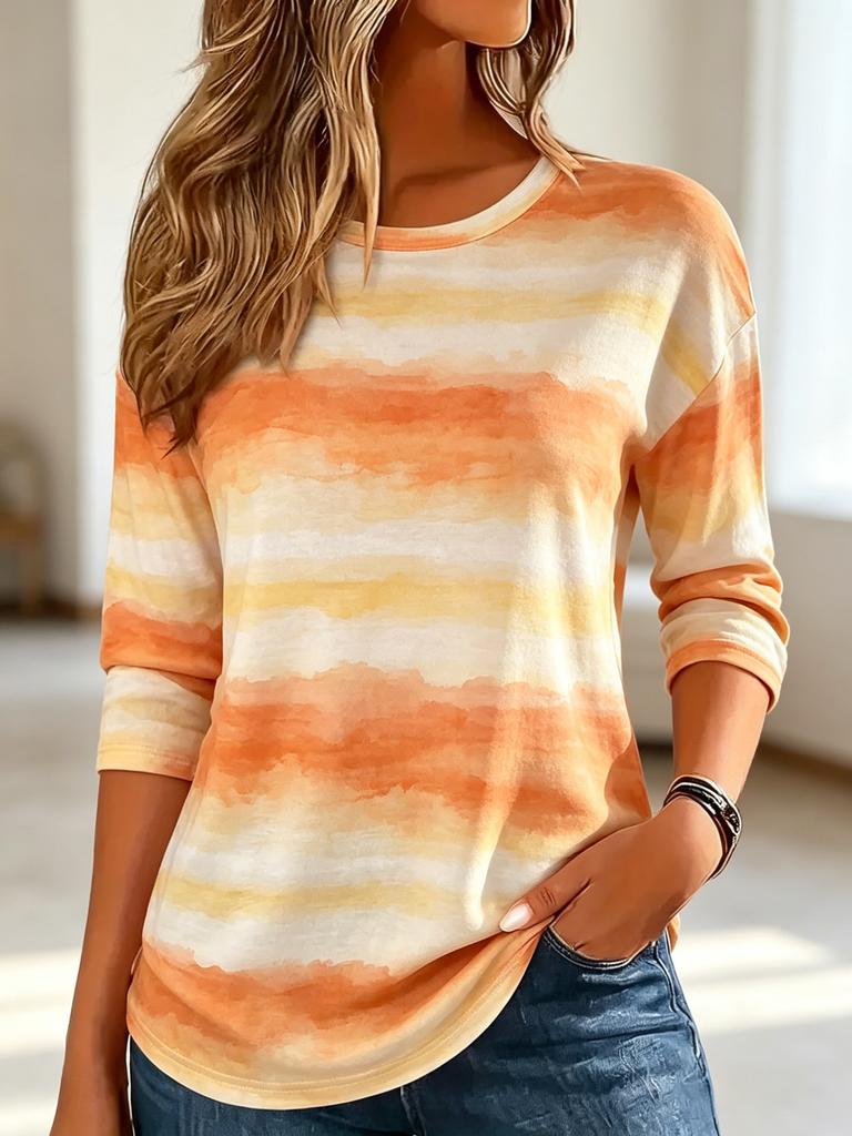 Women's Long Sleeve Crew Neck Watercolor Stripe Print Casual T-Shirt, Regular Tops for Spring Summer Daily Weekend Wear