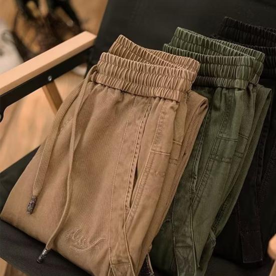 Men Harem Pants Thin Solid Color Elastic Waist Pockets Ankle-banded Drawstring Deep Crotch Wear-resistant Soft Breathable Men Cargo Pants Long