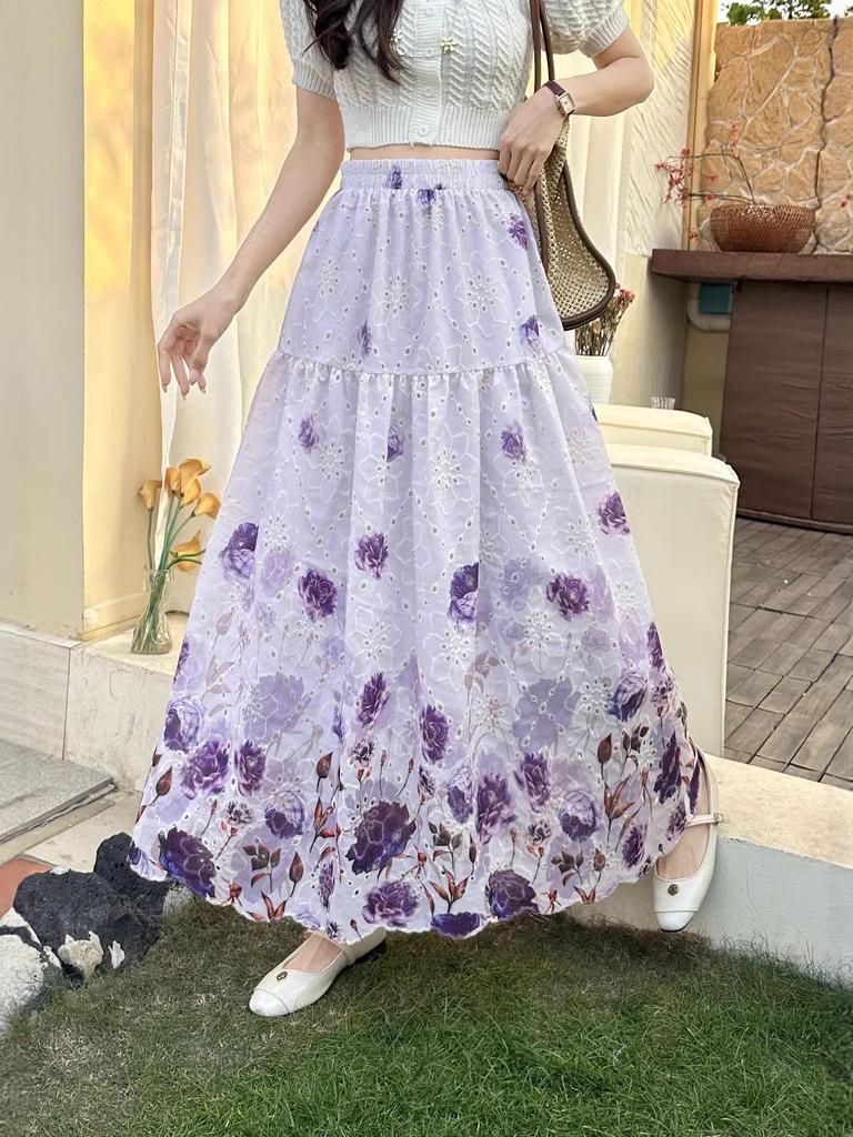 Women's French High Waist Embroidered Crochet Midi Skirt for Autumn/Winter