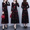 Spring & Fall V-Neck A-Line Dress for Middle-aged Women: Mid-length, Printed, Waist-cinching, Wide Hem