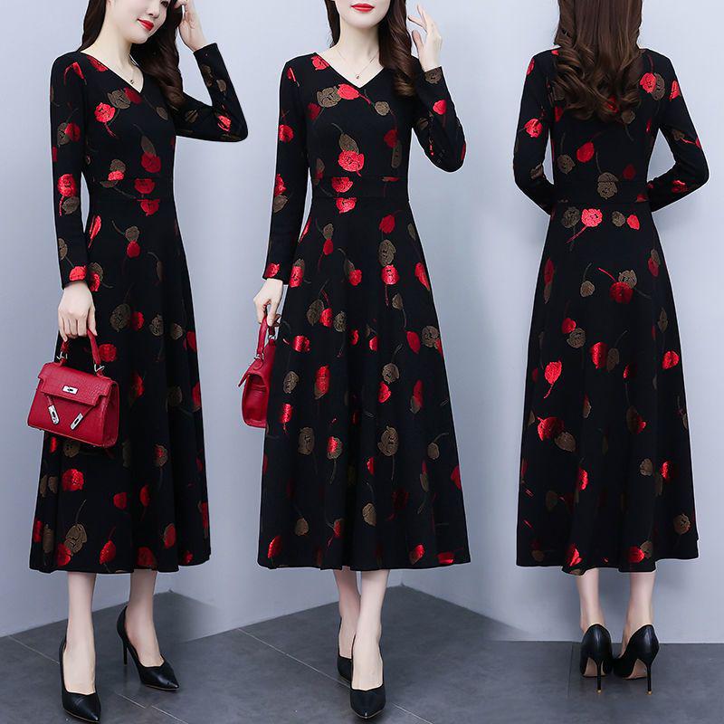 Spring & Fall V-Neck A-Line Dress for Middle-aged Women: Mid-length, Printed, Waist-cinching, Wide Hem