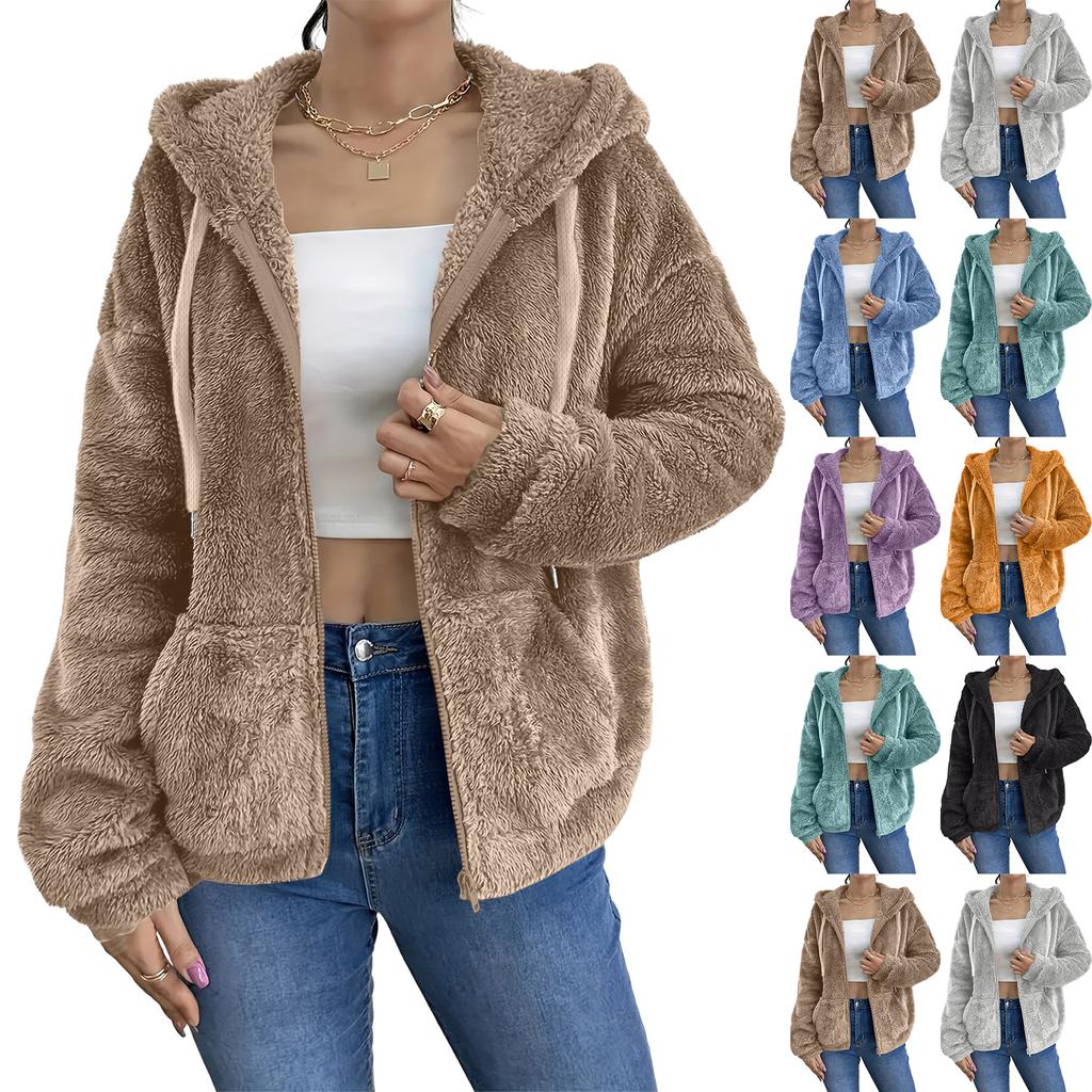 Women's Color Hooded Zip Up Cardigan with Pockets Loose Fit Coat