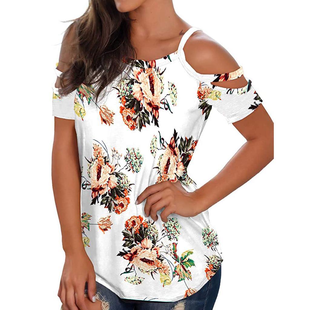 Women's Hollow Out Solid Printing Casual Short SleeveT-shirt Tops Blouse