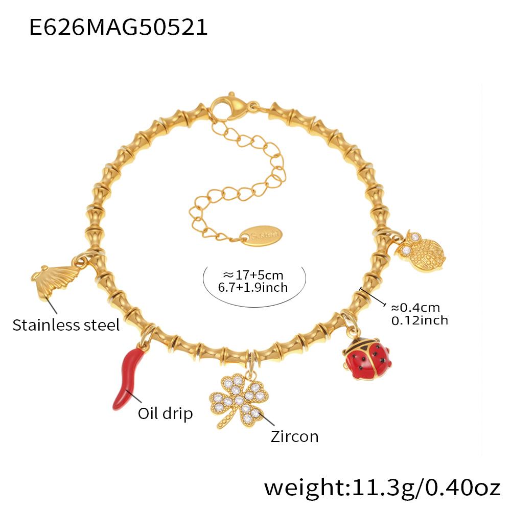

Браслеты из нержавеющей стали в форме бамбукового колена с красной подвеской-божьей коровкой для женщин, с 18-каратным золотым покрытием, водонепроницаемые женские браслеты с подвесками