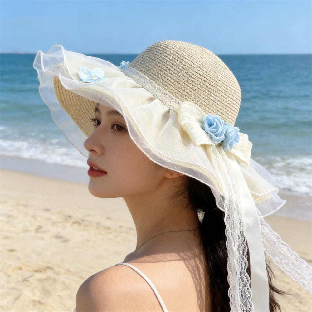 Straw hat women's summer streamer flower lace bow sun hat seaside beach UV protection sun hat