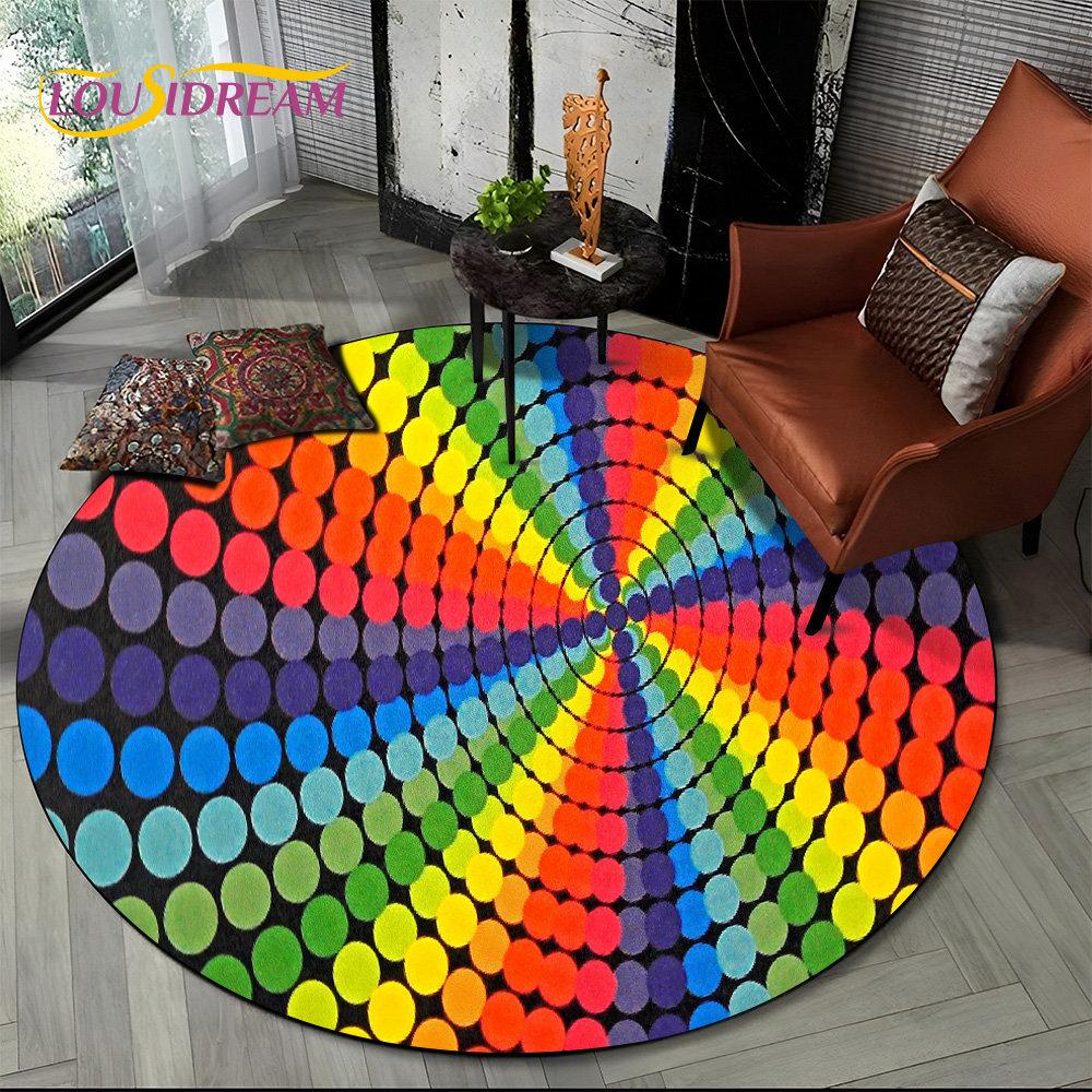 Runder Teppich mit chromatischer Farbtäuschung in Regenbogenfarben, Teppich für Wohnzimmer, Schlafzimmer, Sofa, Spielzimmer, Dekoration, rutschfeste Bodenmatte für Kinder
