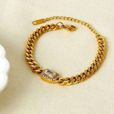 Light Luxury Square Zircon Fine Diamond Cuban Chain Plated 18K Gold Stainless Steel Waterproof Stacked Bracelet for Women