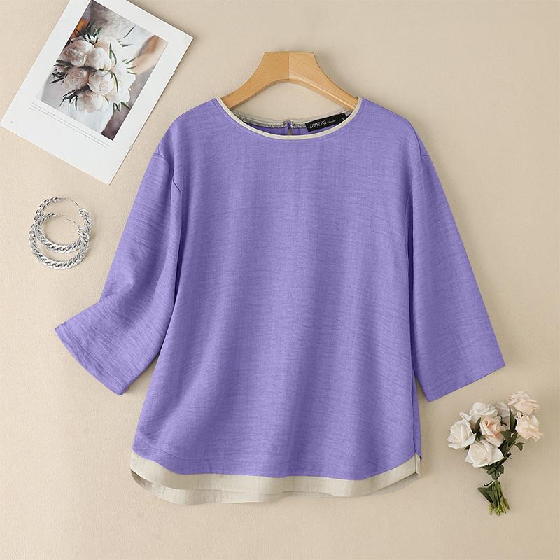 

ZANZEA Женская повседневная блузка с круглым вырезом, свободным рукавом 3/4, в стиле ретро 2XL фиолетовый