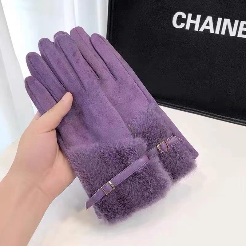 Women's Warm Suede Gloves with Faux Mink Fur and Buckle