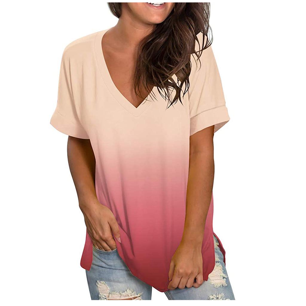 Summer New Tie Dye Gradient Color V-neck Short Sleeved Women's Fashionable and Trendy T-shirt