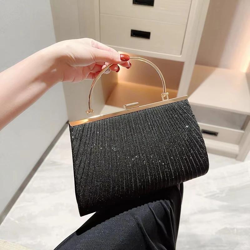 

Female Fashionable Evening Handbag Metal Handle Day Clutch Purse Women Chains Wedding Party Chains Bags чёрный