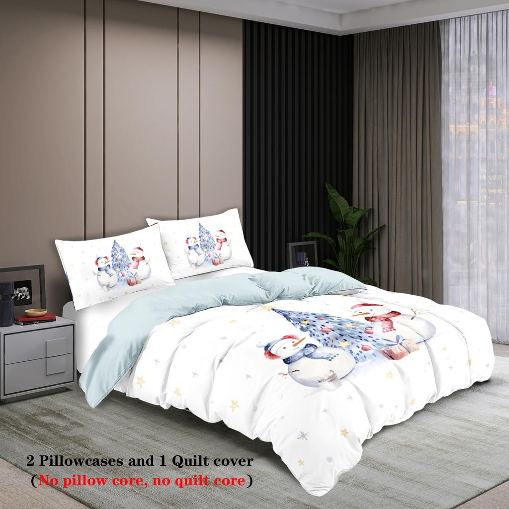 3pcs Merry Christmas Snowman Themed Bedding Set, 1*duvet Cover+2*pillowcase, for Teenagers and Adults Bedroom, Christmas Gift