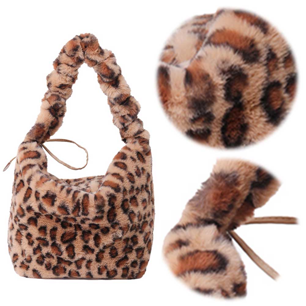 Women Plush Soft Tote Bag Drawstring Strap Leopard Print Chic Hobo Bag Large Capacity Stylish Commuting Bag Outdoor Travel Bag