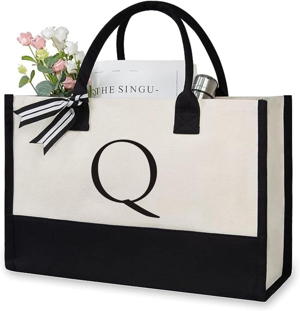 A-Z Letter Canvas Tote Bag Women Large Capacity Shoulder Handbag Contrast Color Thick Fabric Reusable Shopping Bag