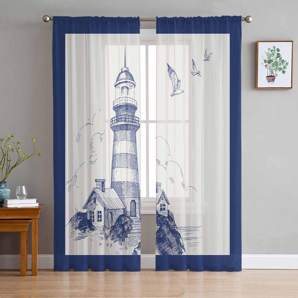 Mediterranean Lighthouse Starfish Tulle Curtains For Living Room Bedroom Kitchen Decoration Chiffon Sheer Voile Window Curtains