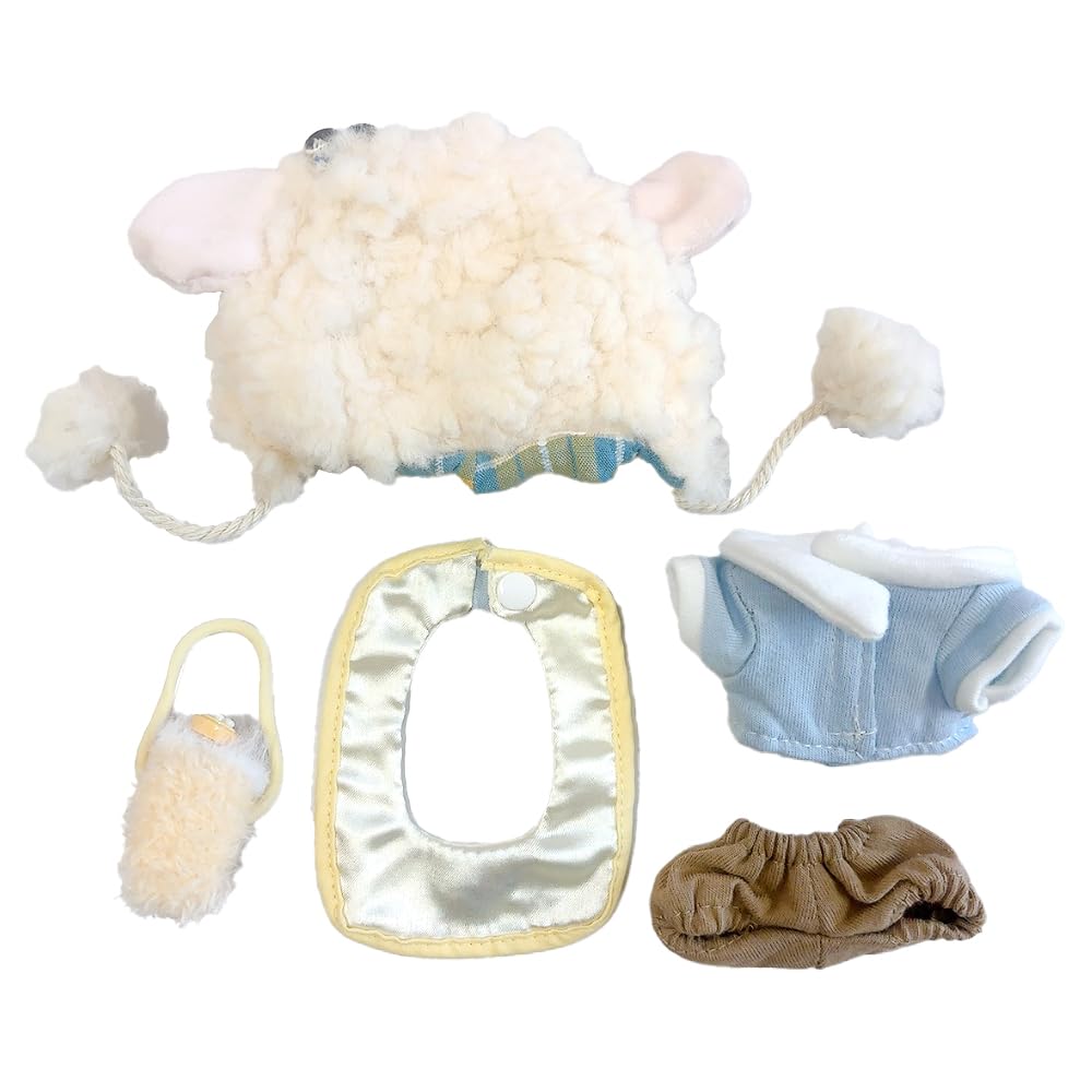 Sheep Kigurumi Cap, Bib, Shirt, Pants, and Bag Set for 10cm Plush Toy, Kigurumi Accessories, Otaku Activities, Doll Mascot, Kpopdoll Costume [Used]