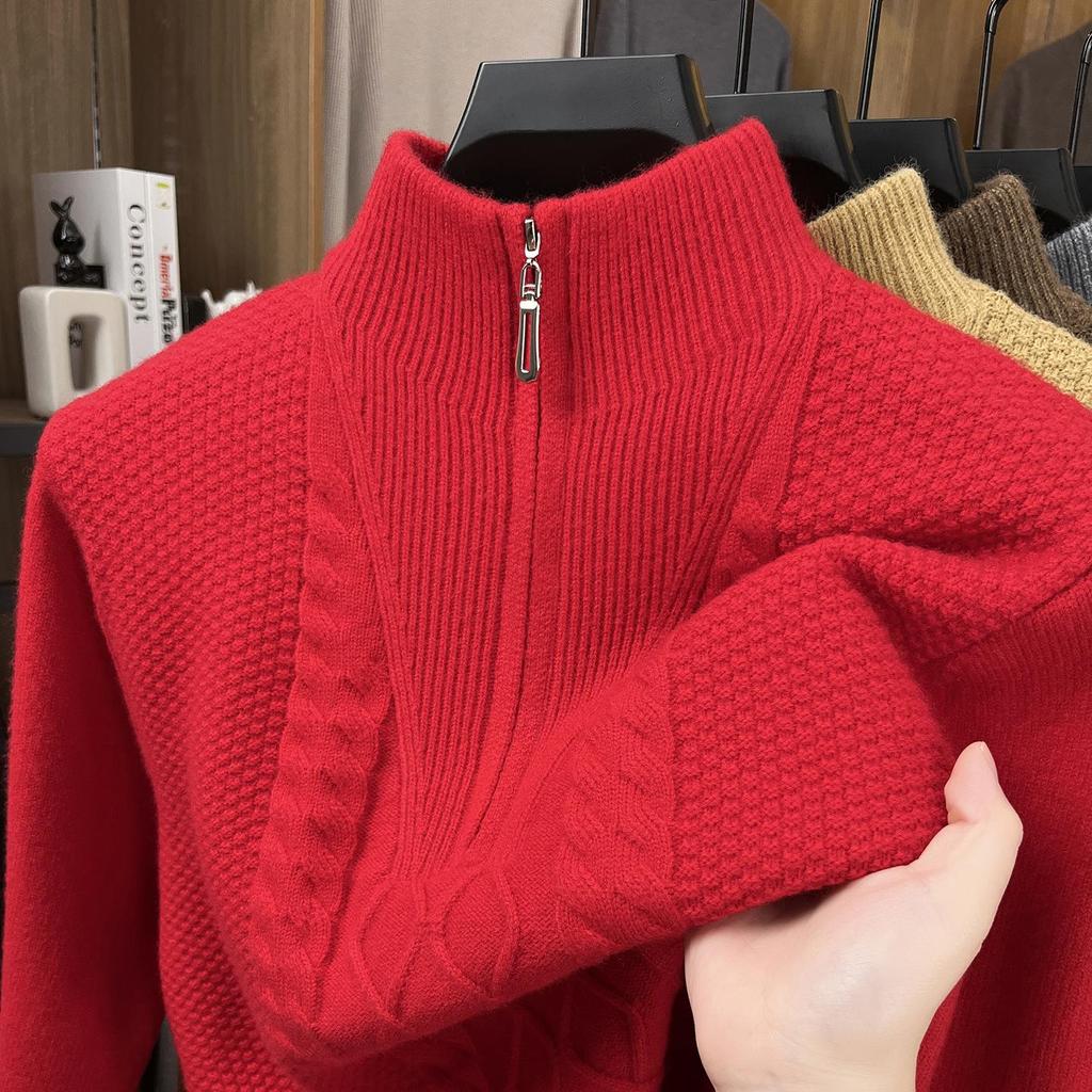 Zimní pletený svetr s půlzipem a vysokým límcem 2025 - Teplý jednobarevný svetr pro střední věk i mladé