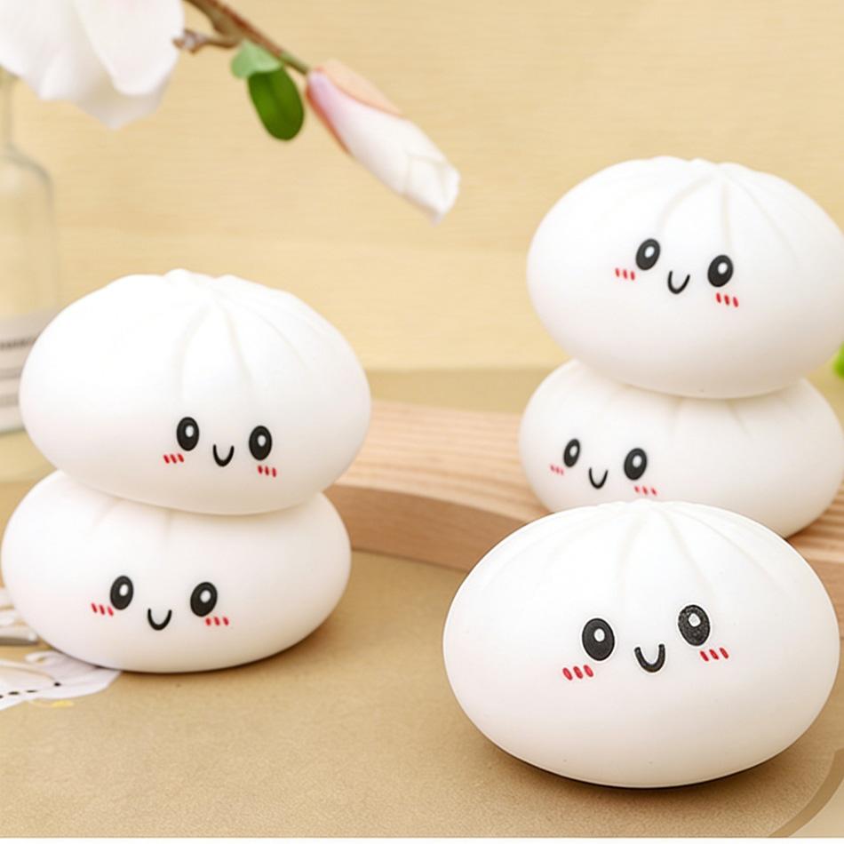 White Baozi Dumpling Squishes Stress Balls Fidget Sensory Toys Simulation Food Squishies Bun With Steamer Dough Ball Toys