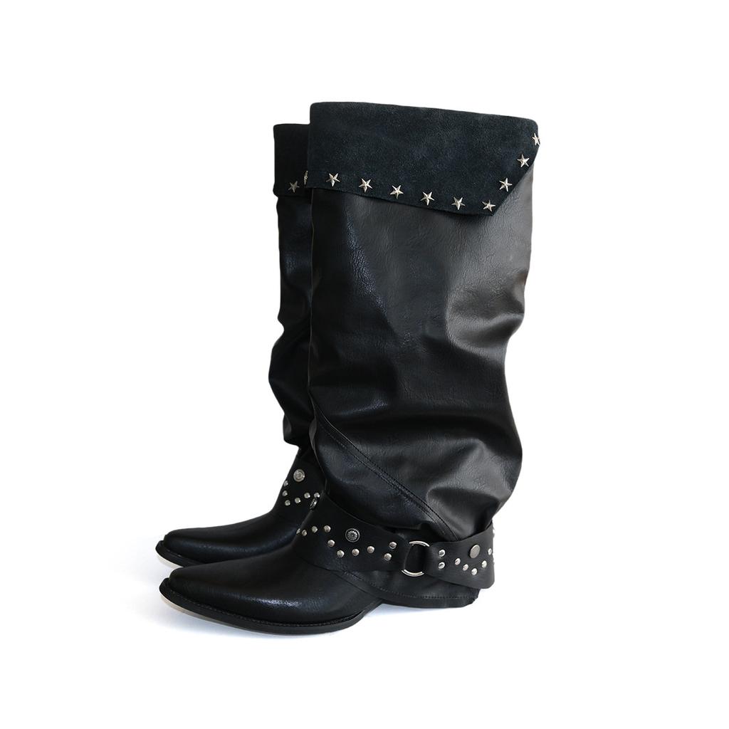 Cowhide version retro niche design sense pants boots long boots women pointed thick heel hottie black pleated pile boots