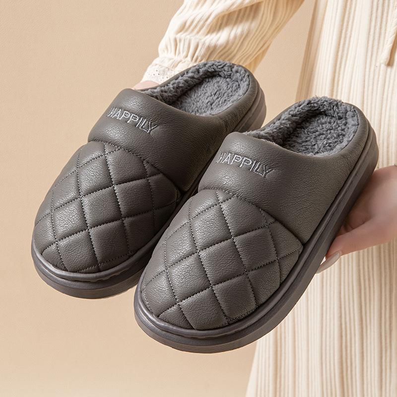 Warm waterproof cotton slippers men's winter PU leather indoor non-slip thick-bottomed velvet cotton slippers women