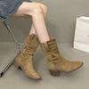 Star with the Same Inner Height Increase of 4cm Versatile Retro Square Round Head Flat Bottom Soft Thin Boots Tall Knight Boots Women