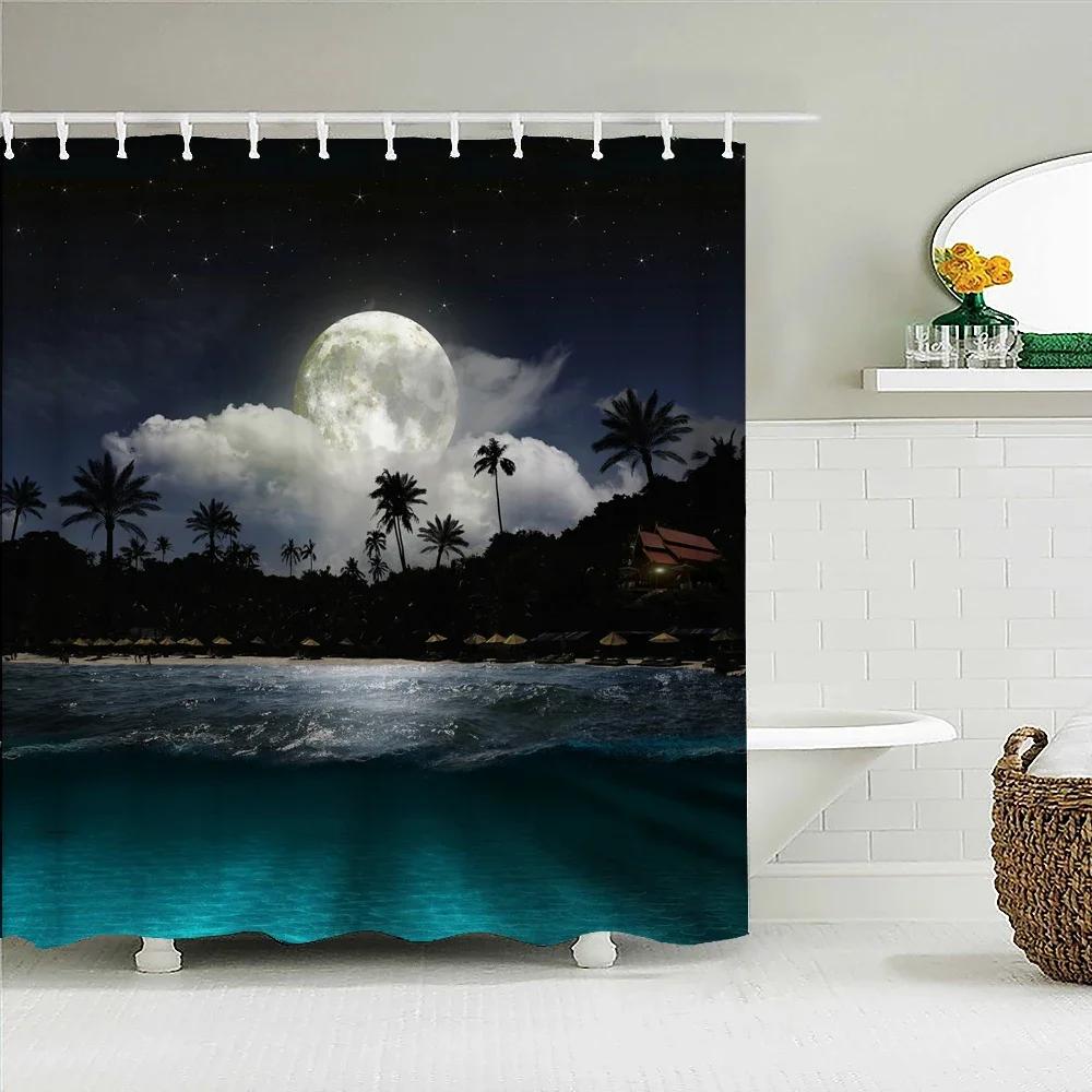 Earth Moon Starry Sky Scenery Printing Shower Curtains Bathroom Curtain Waterproof Fabric With Hooks Home Decoration Bath Screen